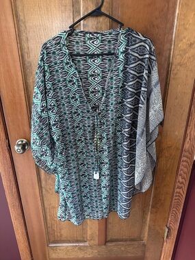 Patterned V-Neck Boho Cover Up in Teal and Black
